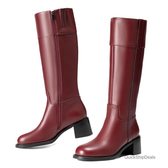 Knee High Boots Round Toe Chunky Block Heel Side Zipper Tall Gogo Boots